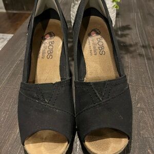 Skechers Women's Black Wedge Espadrille Peep Toe Shoes